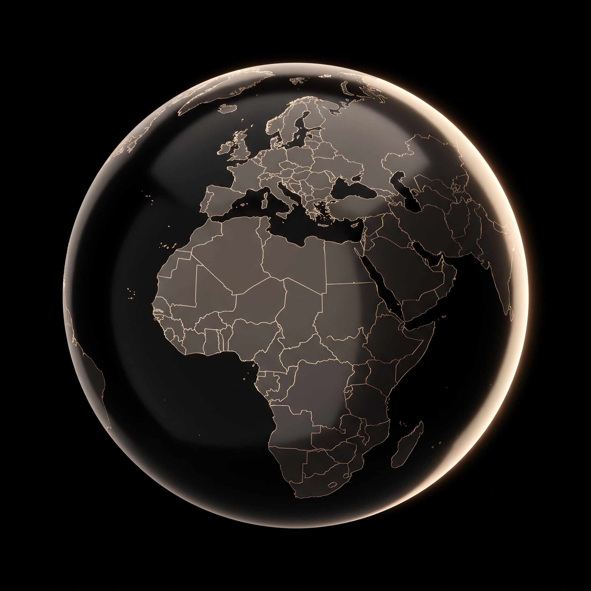 Avrupa, Afrika ve Orta Doğu'nun altın çizgilerle işlendiği koyu bir dünya küresi